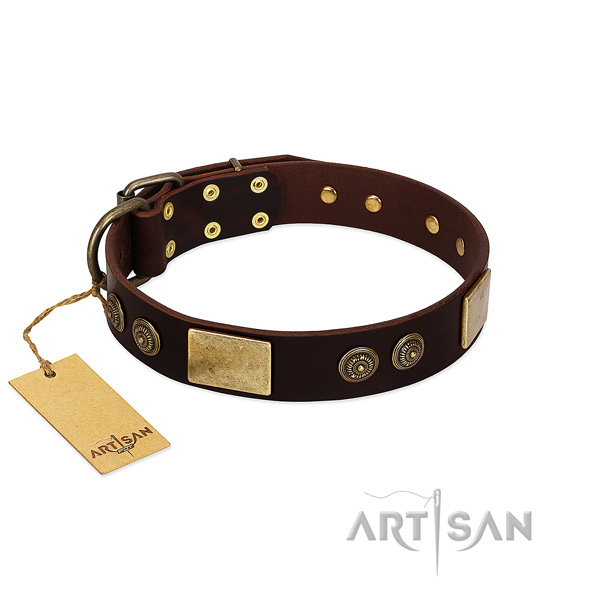 Rust resistant hardware on leather dog collar for your doggie