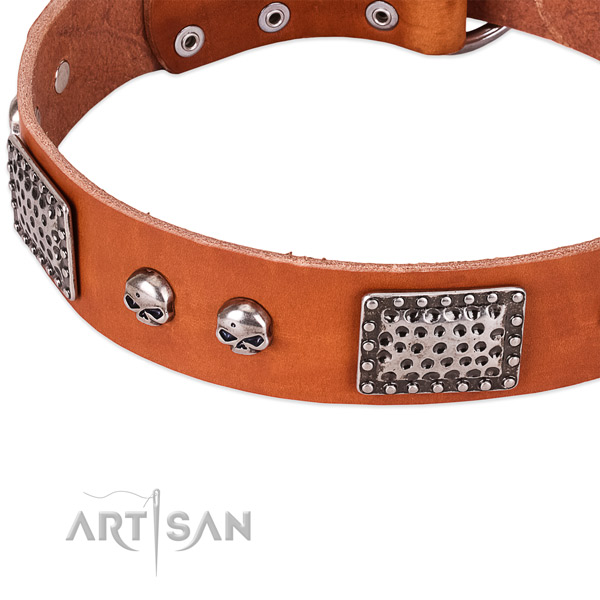 Corrosion resistant D-ring on natural genuine leather dog collar for your four-legged friend