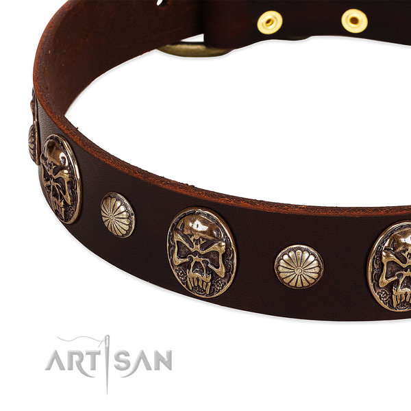 Natural genuine leather dog collar with decorations for daily walking
