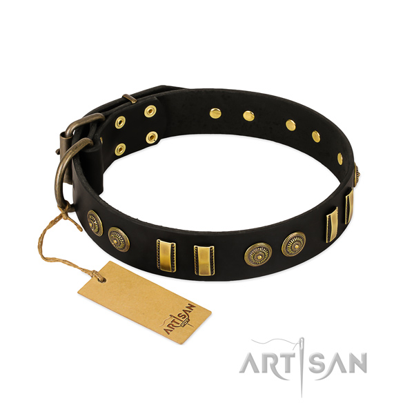 Durable D-ring on full grain leather dog collar for your pet
