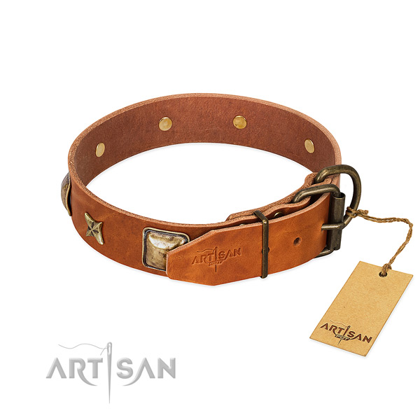 Genuine leather dog collar with corrosion proof D-ring and adornments