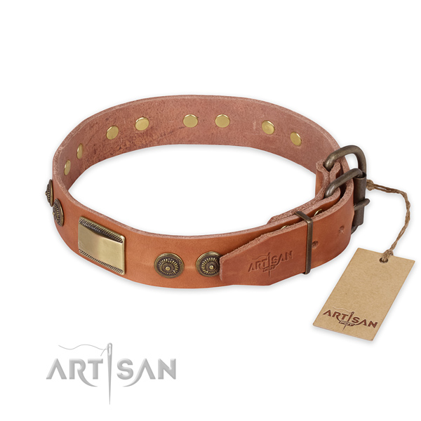 Durable fittings on natural genuine leather collar for daily walking your doggie