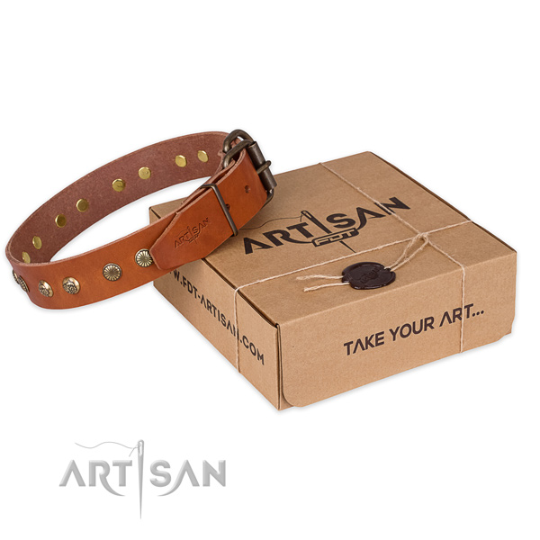 Durable fittings on natural genuine leather collar for your handsome dog
