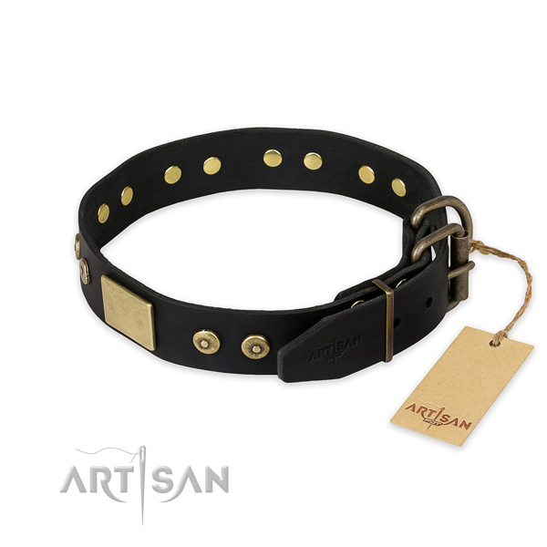 Reliable fittings on natural genuine leather collar for fancy walking your doggie