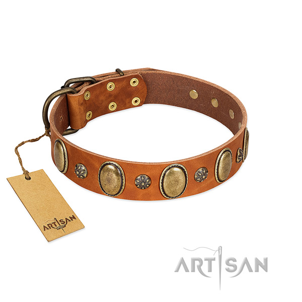 Comfy wearing flexible full grain genuine leather dog collar with studs