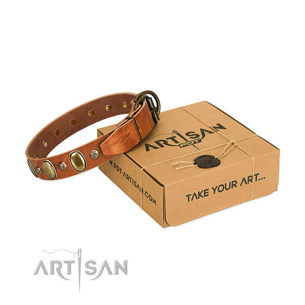 Easy adjustable natural leather dog collar with rust-proof fittings